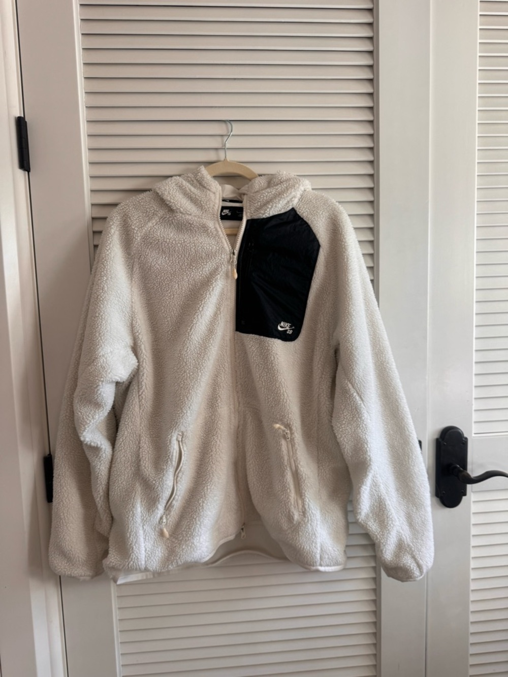 Nike White Sherpa Zip Hoodie with Black Chest Pocket